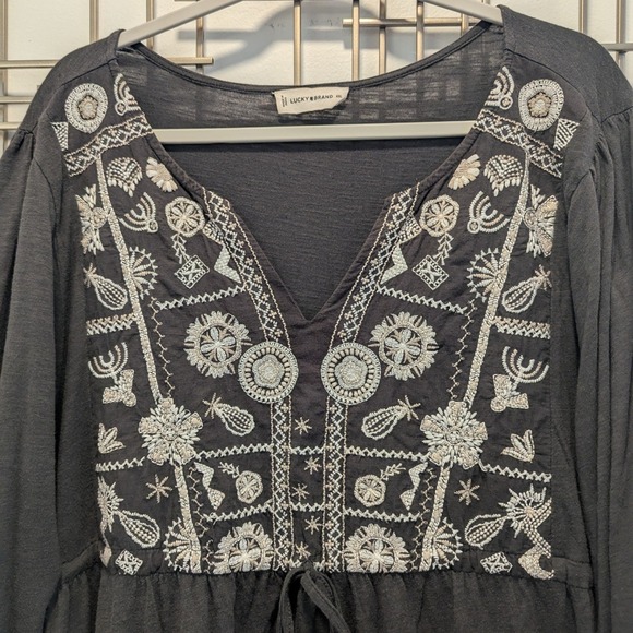 Lucky Brand Embroidered Tunic‎ Top Charcoal Gray Long Sleeve Tie Waist Women XXL - Picture 2 of 8